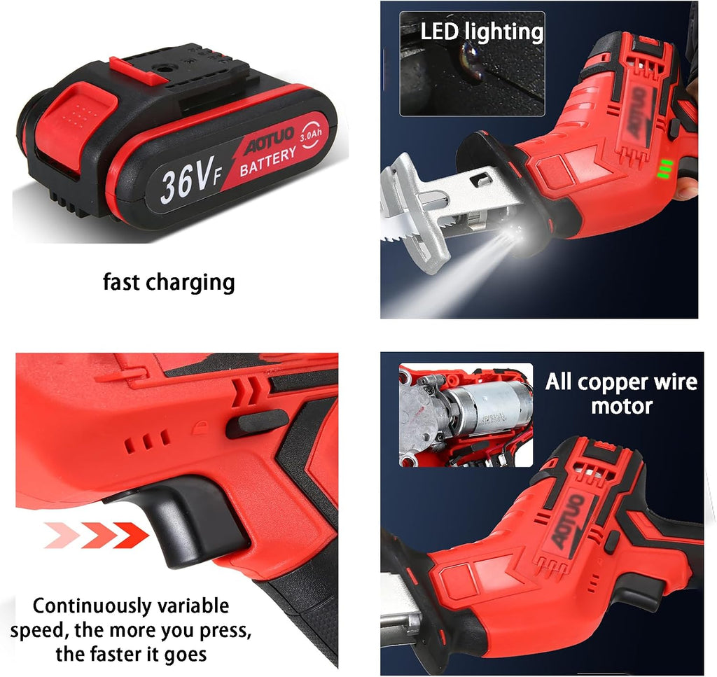 Cordless Reciprocating Saws - Compact Saw W Battery&Charger, Variable Speed, 4 Saw Blades, Tool-Free Blade Change Ideal For Metal,Wood Cutting Pruning (One battery)