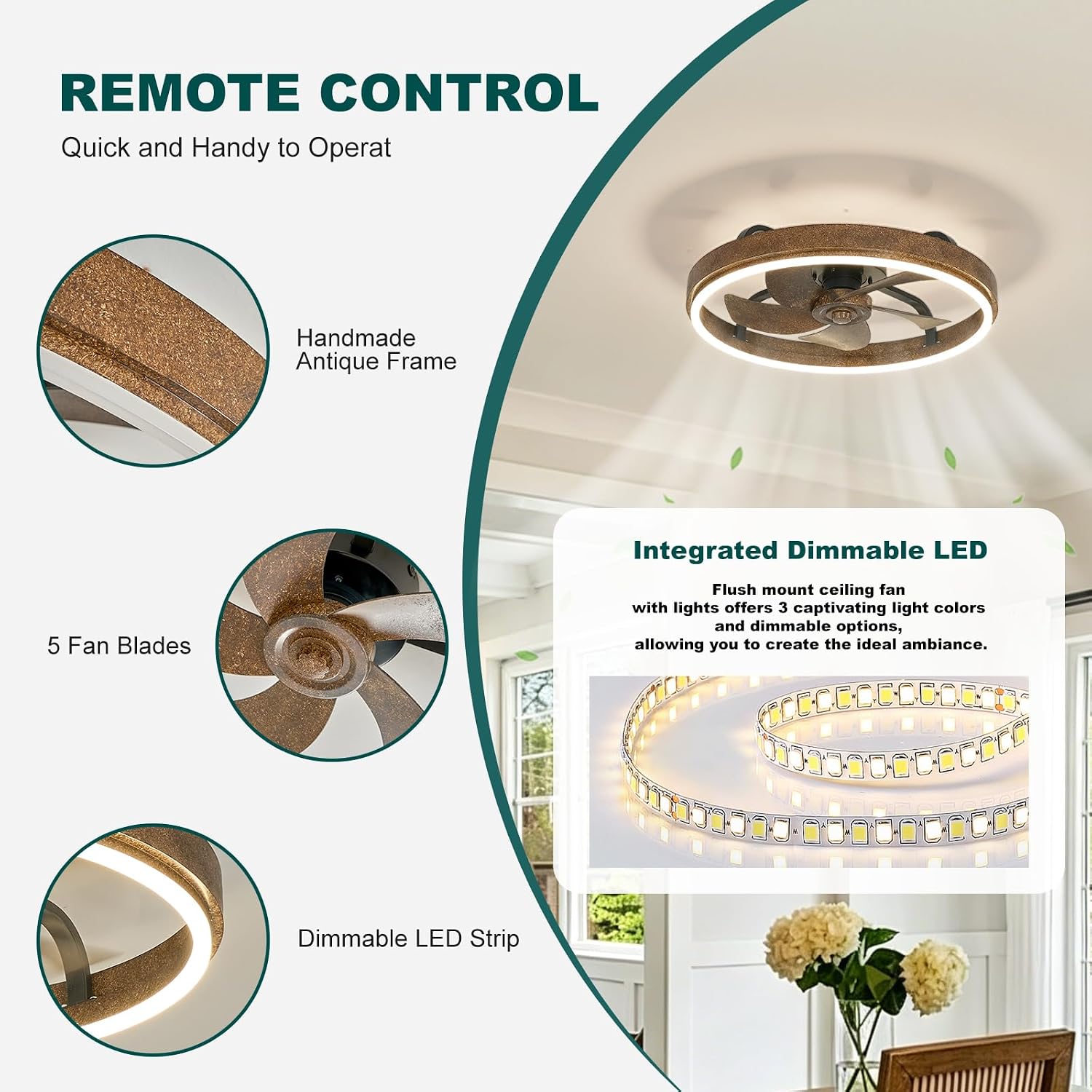 19.7' Low Profile Retro Ceiling Fan with Light, Farmhouse Fandelier 3 Color Dimmable LED,6 Speeds, Reversible Motor Chandelier Fans for Bedroom Living Room