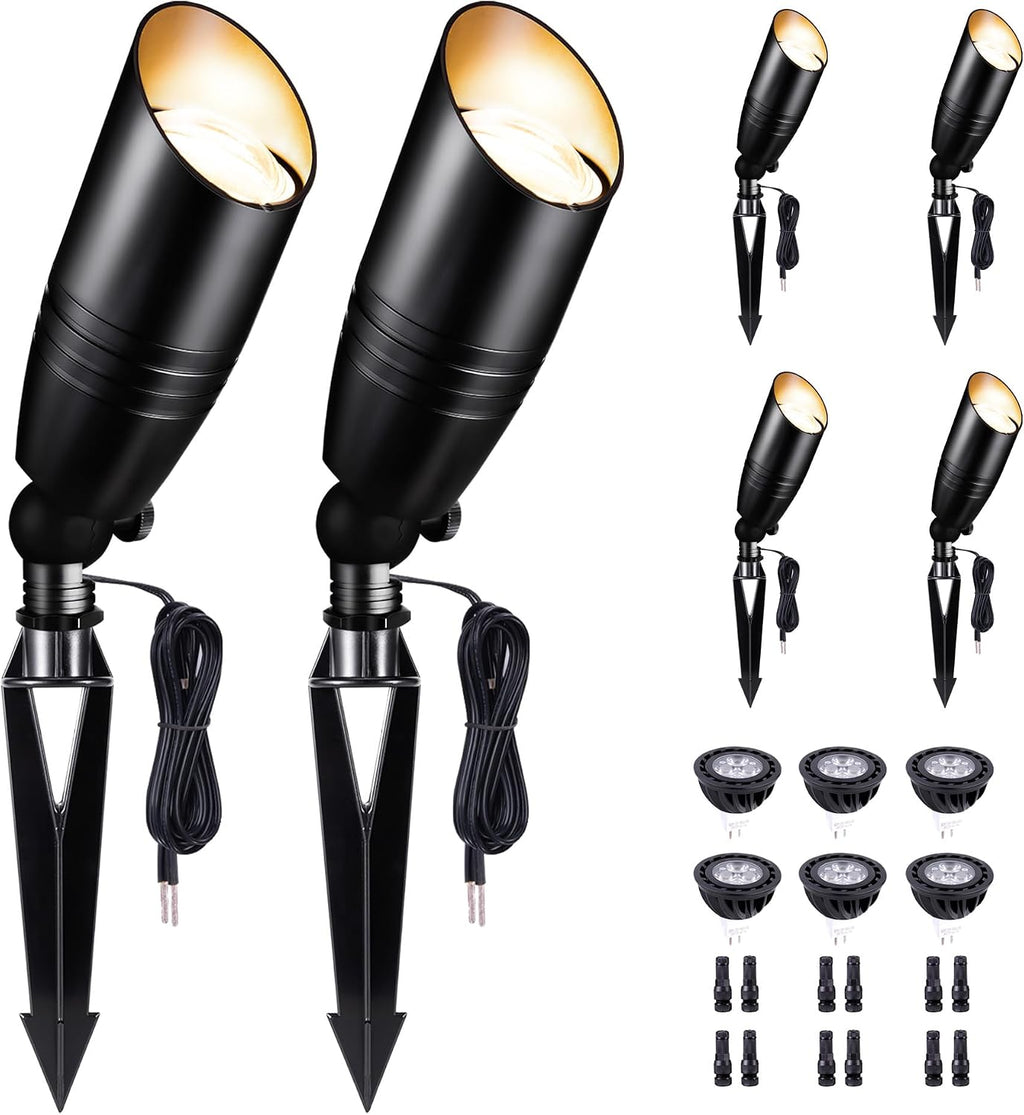 Black 12V Landscape Spotlight, LED Low Voltage Outdoor Light, Aluminum Uplight for Plant Fence Sign Outside Decoration with 5W MR16 Bulb 4000K 6 Pack