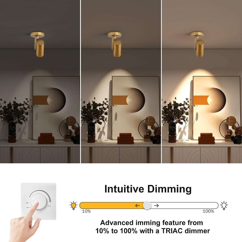 12W LED Gold Dimmable Zoomable Ceiling Spotlight Indoor – Adjustable Surface Mount Accent Light for Corridor, Living Room, Plants & Painting | Warm White 3000K CRI 97, Flicker-Free, 4 Packs