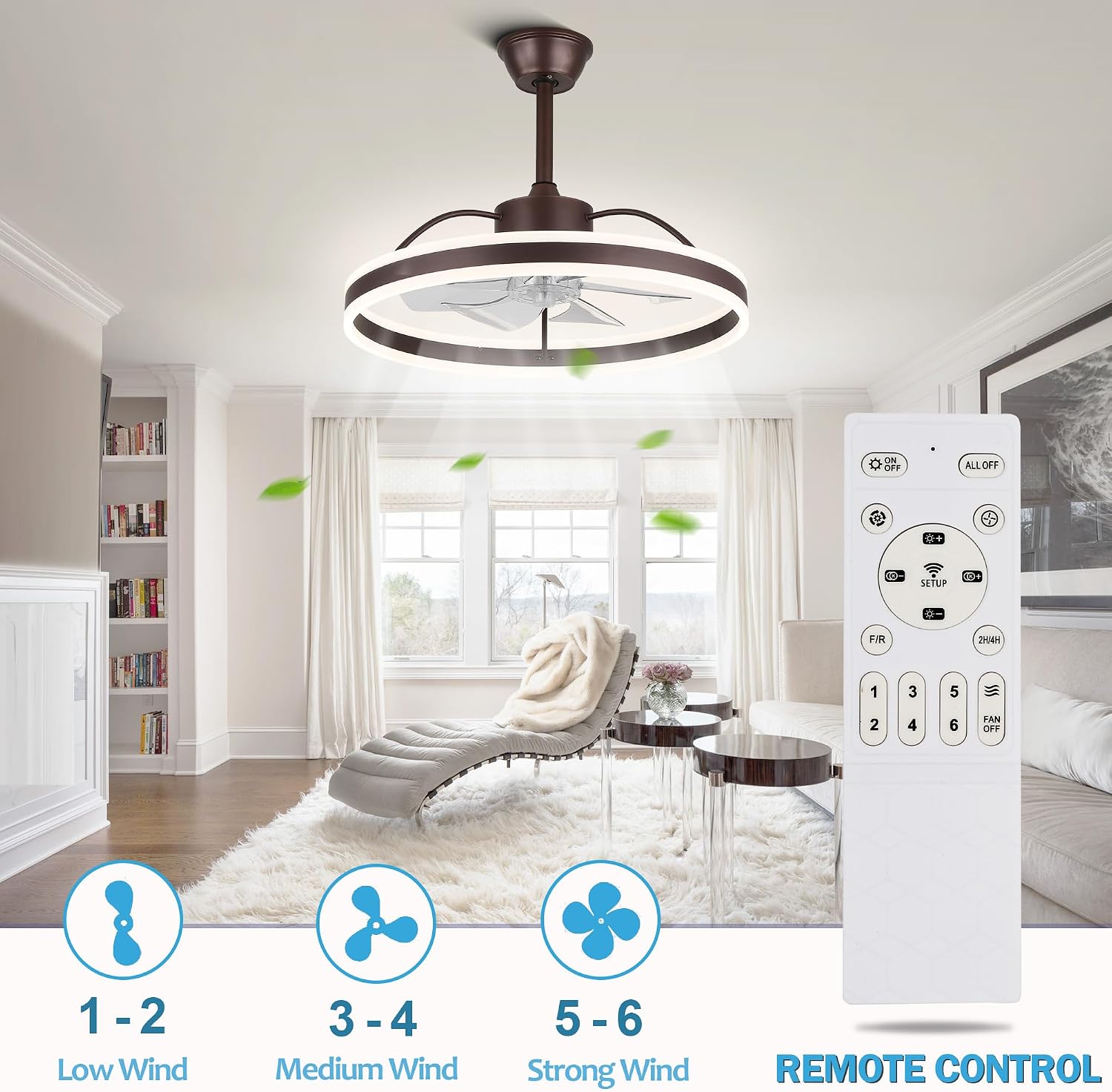 Dawn Whisper Ceiling Fan With Lights, Modern 24' LED Fan, 6 Speeds, 3 Colors Stepless Dimming for Bedroom Coffee