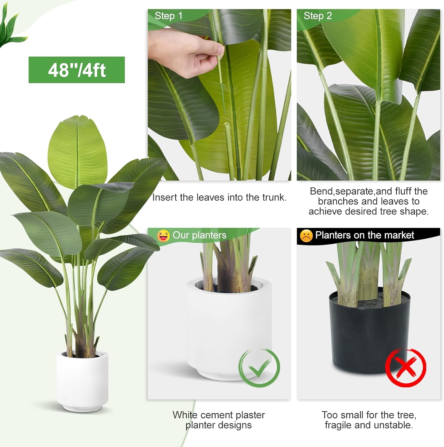 Artificial Bird of Paradise Plant 4Ft Tall Fake Tropical Palm Tree Large Fake Plants with 9 Silk Banana Leaves Faux Plant Indoor Decor Trees with White Pot for Home Bedroom Living Room Office（2pcs）