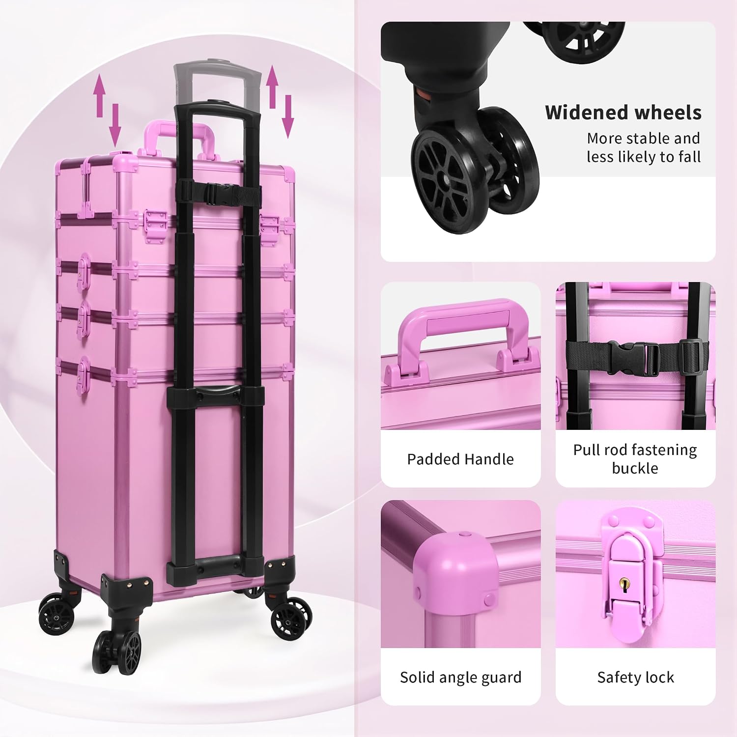 Professional Rolling Makeup Train Case with Lid, 5 in 1 Cosmetology Case on Wheels, Large Cosmetic Trolley Organizer Travel for Hairstylist Artist Nail Beauty Salon Barber, Pink
