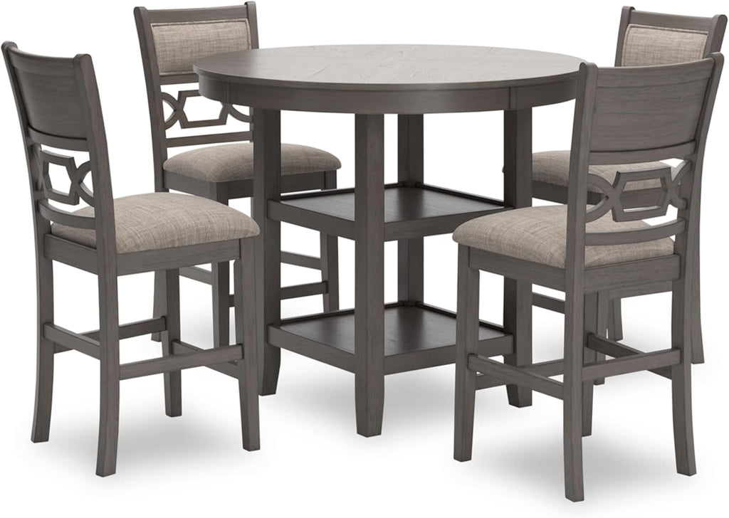 Signature Design by Ashley Wrenning Modern Diamond Patterned Counter Height Dining Table and 4 Upholstered Bar Stools with 2 Shelves, Set of 5, Gray & Light Gray