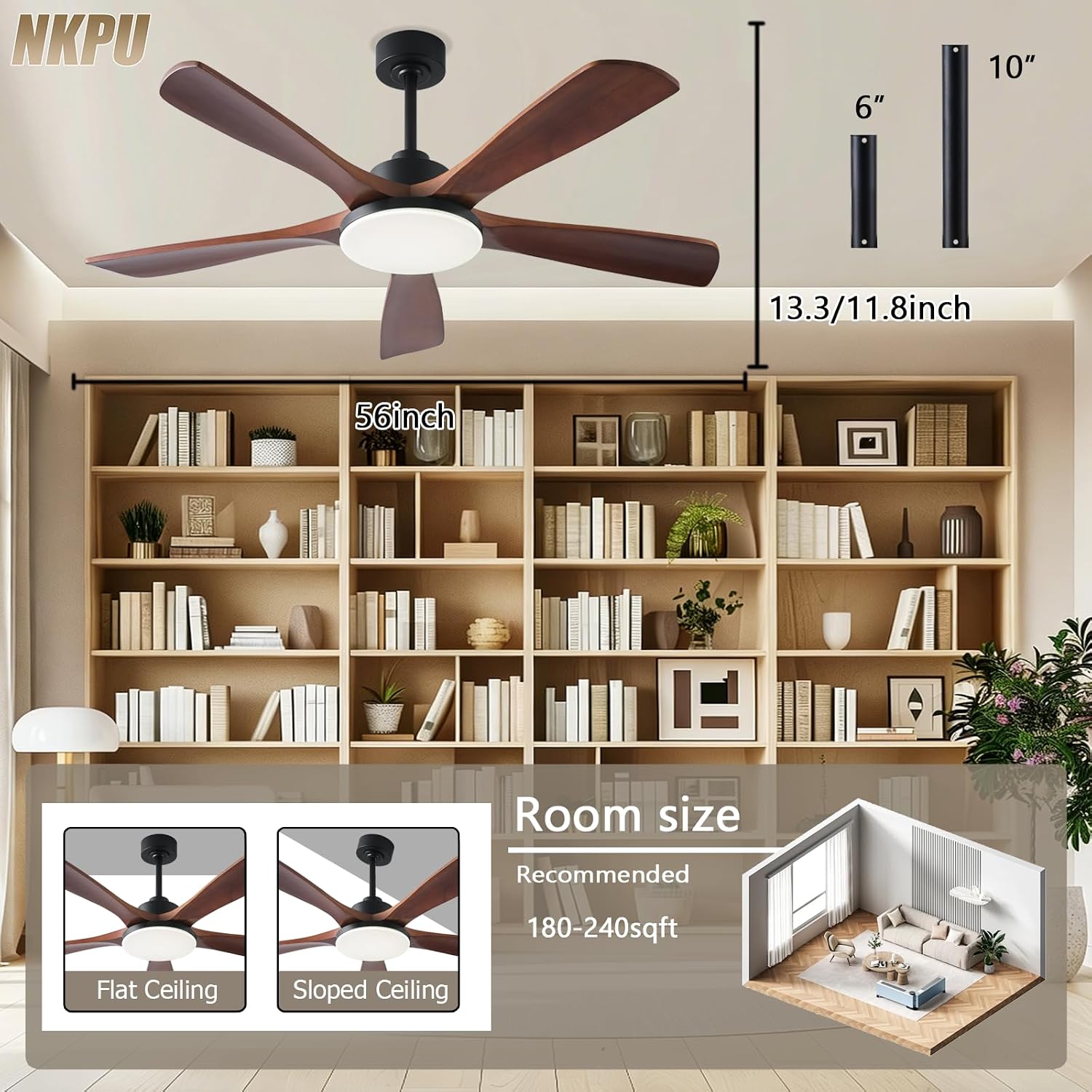 NKPU Ceiling Fans with Lights and Remote Control, 5 Solid Wood Blades, 3CCT Dimmable, Quiet DC Motor, 56 Inch Modern Outdoor Ceiling Fans for Bedroom Farmhouse Patios