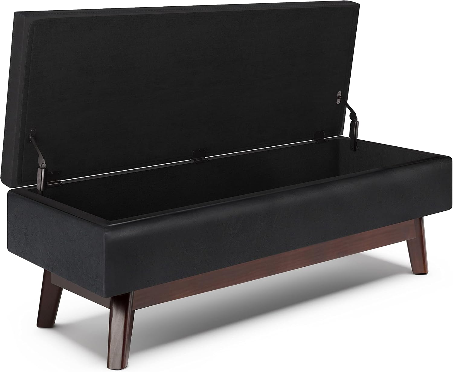 SIMPLIHOME Owen Rectangular Storage Ottoman - 48 inch Wide Upholstered Vegan Leather Lift-Top Ottoman in Midnight Black, Mid-Century Modern Ottoman for Living Room with Tufted Detail