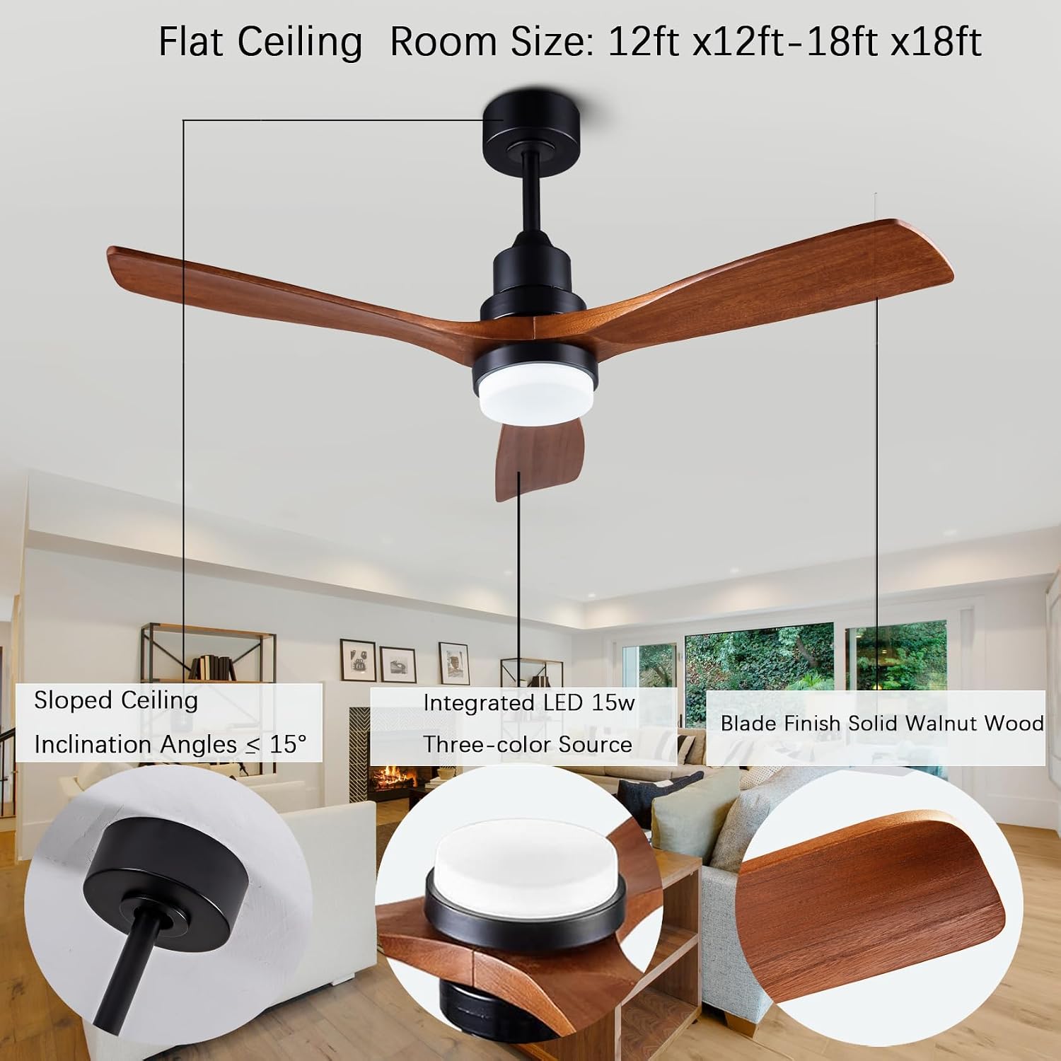 48' Wooden Ceiling Fans with Lighted Remote Control, Indoor Outdoor Wooden Ceiling Fan, Outdoor Modern Ceiling Fan with 3 Fan Blades for Patio, Living Room, Farmhouse, etc (Black + Walnut)