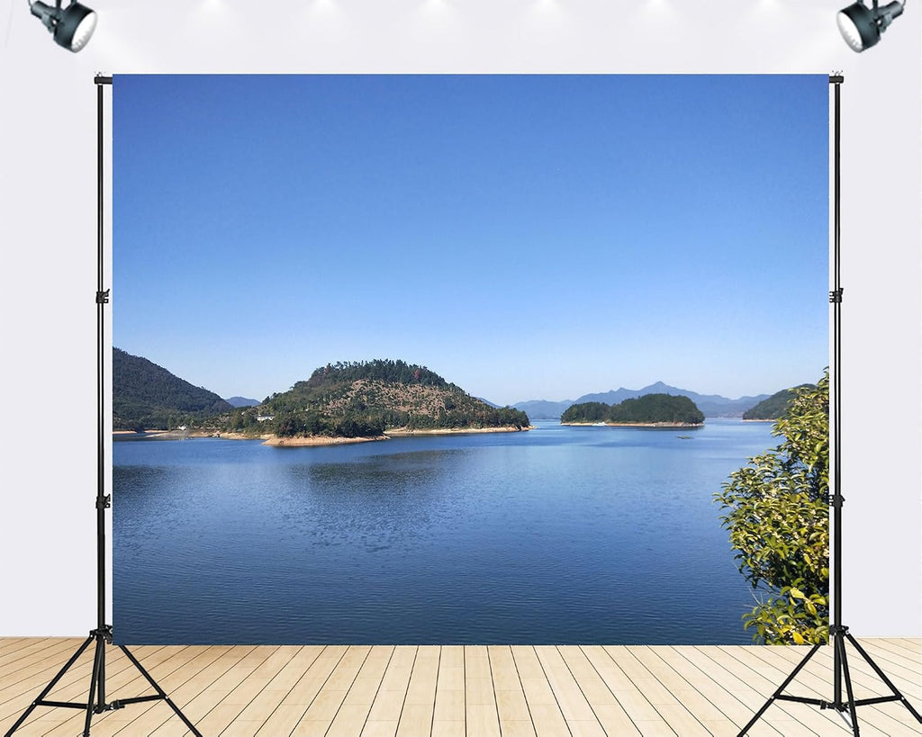 Trykid 20x10ft Lake Island Vista Backdrop Clear Bright Blue Water Lush Tree Covered Islands Rolling Distant Hills Clouds Photography Background Nature Party Decoration Photo Booth Prop Fabric
