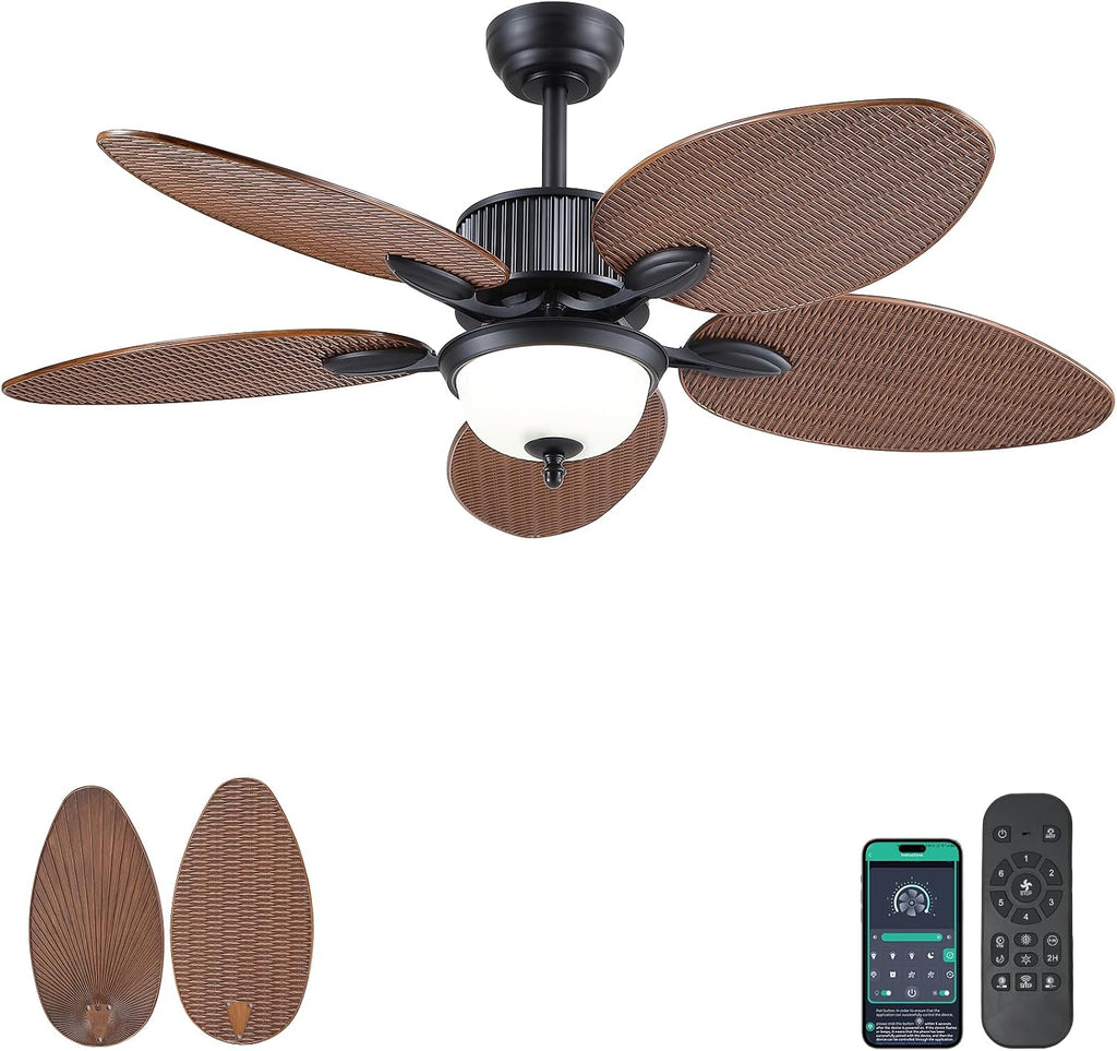 Wiviniya 50 Inch Tropical Ceiling Fans with Lights, Palm Leaf Waterproof Outdoor Ceiling Fan for Patios Porch, Remote/APP Control, Wet Rated, Glass Lampshade, Quiet DC Motor, Dimmable LED, Brown