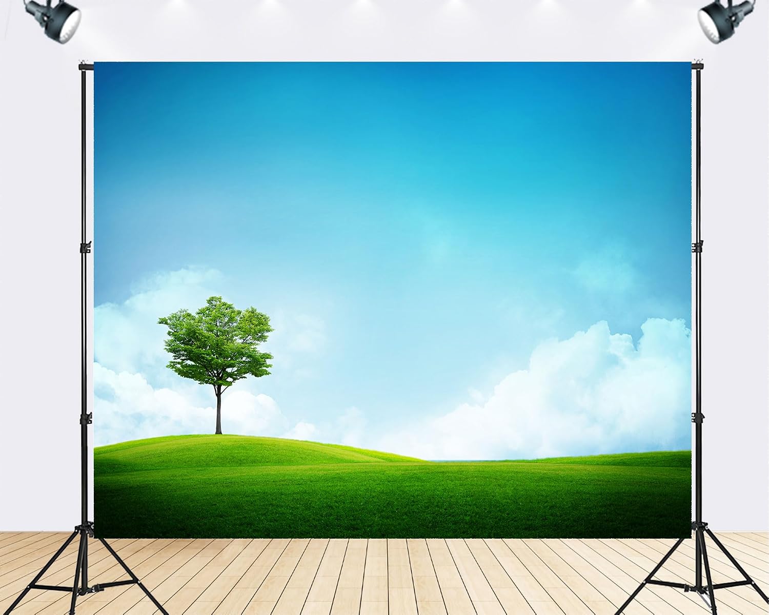 Trykid 20x10ft Lone Green Tree Backdrop Rolling Grassy Hill Clear Landscape Photography Background Minimalist Nature Tapestry Party Decoration Photo Studio Prop Fabric