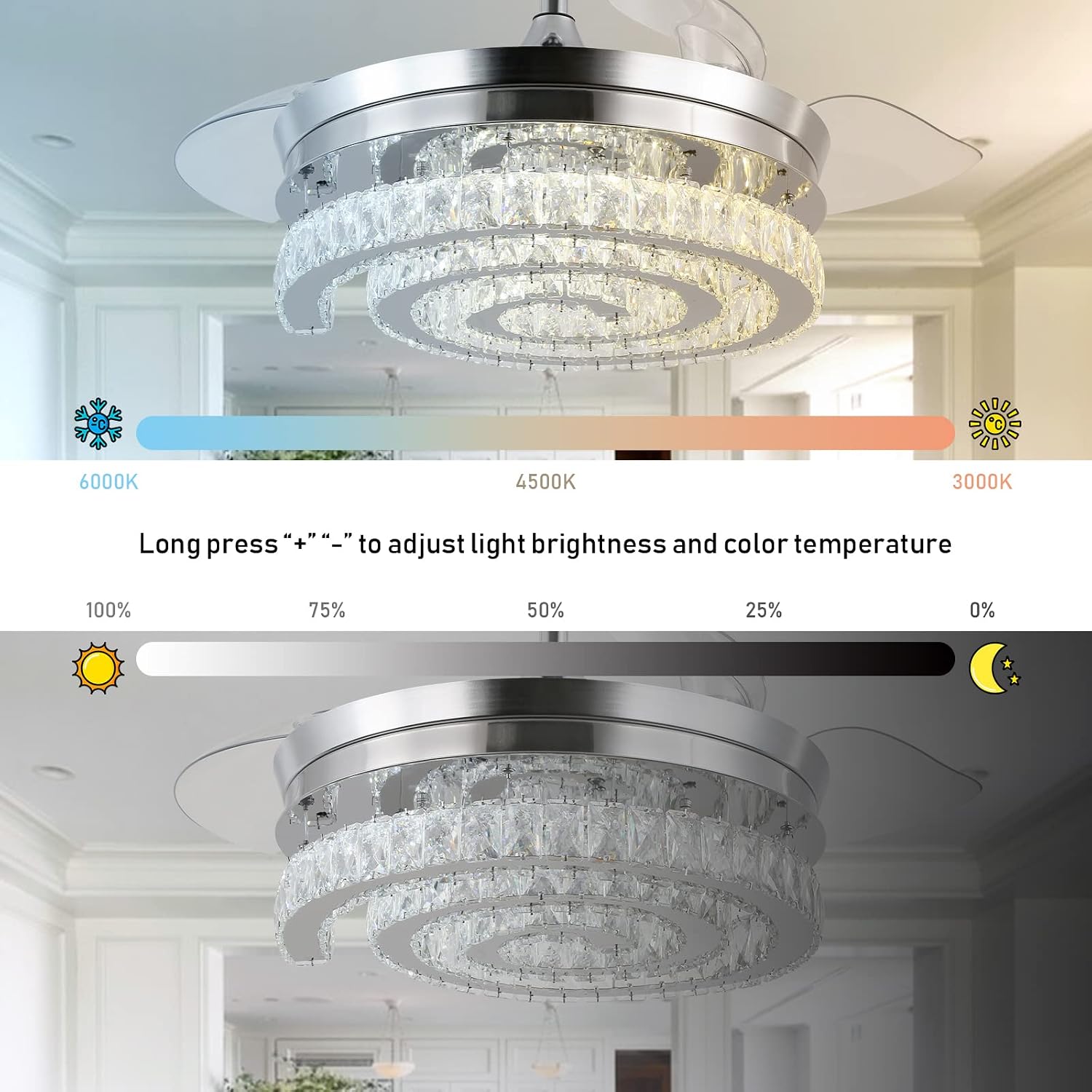FRIXCHUR 42' Crystal Chandelier Ceiling Fans with Lights and Remote Dimmable Fandelier Retractable Crystal Ceiling Fans 3 Rings Invisible Blades Crystal Ceiling Fans for Bedroom Living Room 30W*2