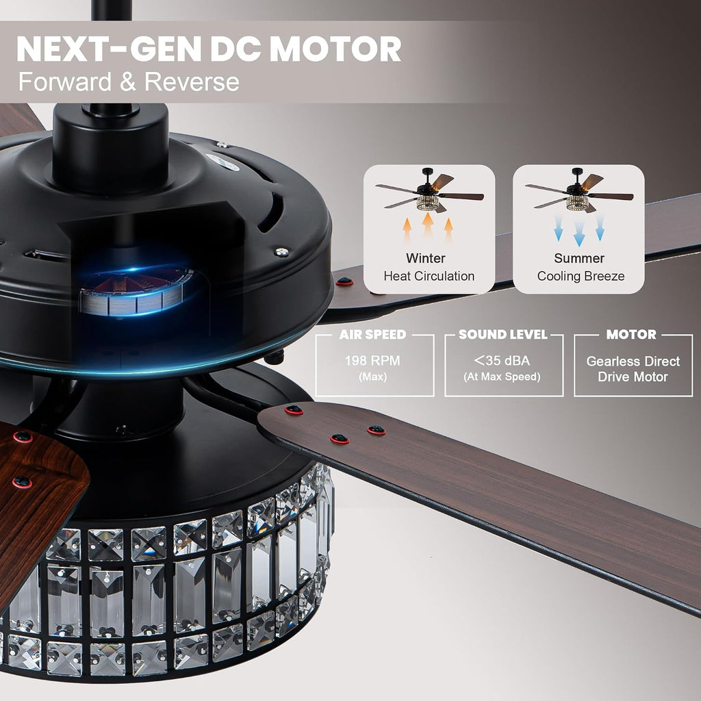 Dawn Whisper 60 Inch Crystal Chandelier Ceiling Fans with Lights Black Large Modern Ceiling Fans for Living Room Bedroom Quiet and Reversible DC Motor 6 Speeds Enegery Efficient