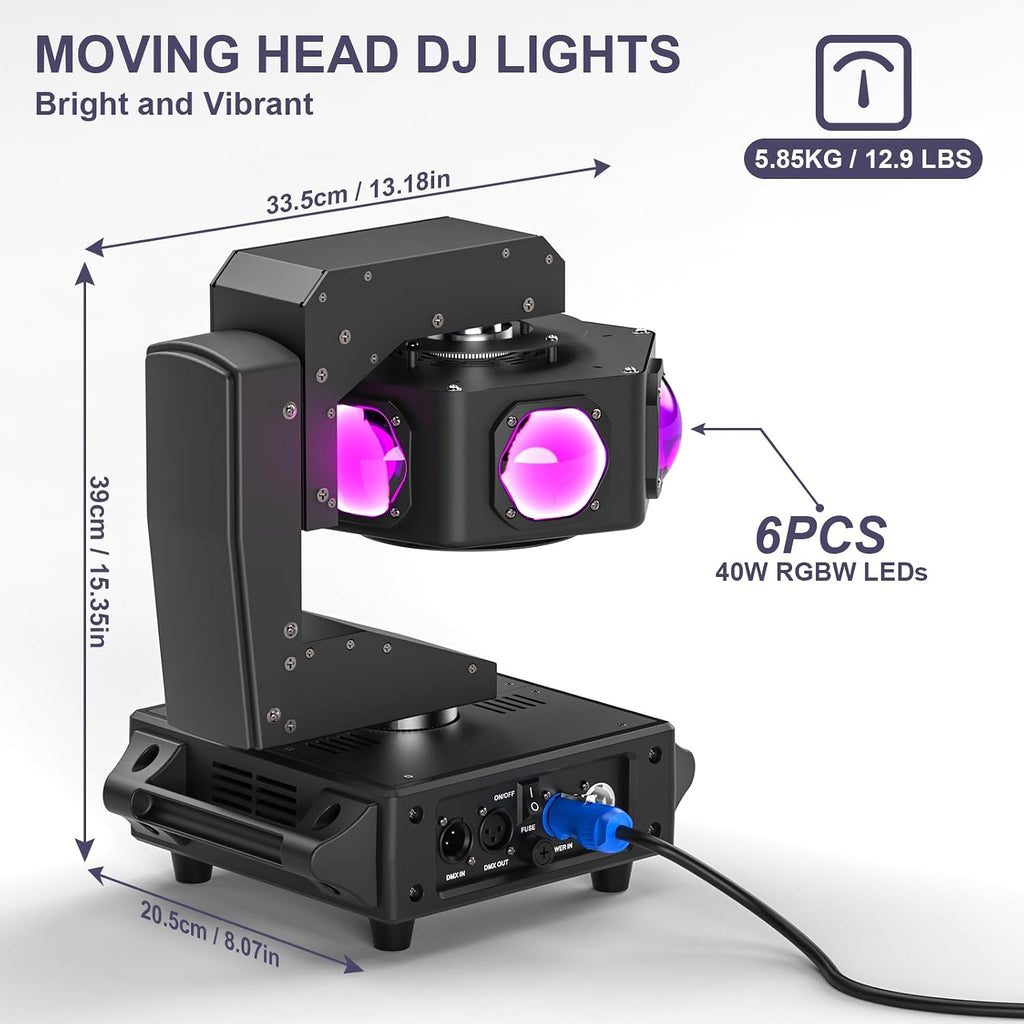 Moving Head DJ Lights, 6 x 40W RGBW Stage Lighting with 3-Axis Linkage, Z-Axis Infinite Rotation DMX & Sound Activated, DJ Lights Beam Spotlight, Perfect for DJ, Party, Wedding, Bar (8 Pack)