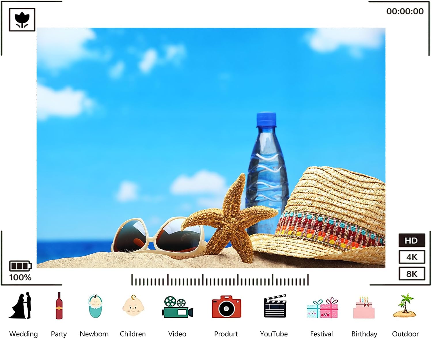 Trykid 20x10ft Beach Essentials Backdrop Straw Hat Starfish Sunglasses Clear Blue Sky Photography Background Vacation Luau Party Decoration Photo Booth Prop Fabric