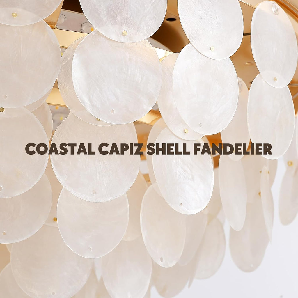 48'' Boho Fandelier Ceiling Fan with Light, Capiz Shell Retractable Ceiling Fan Lights with APP/Remote, Dimmable Coastal Invisible Chandelier Fan with 6 Speeds Wind, Timer for Bedroom Living Room-Gold