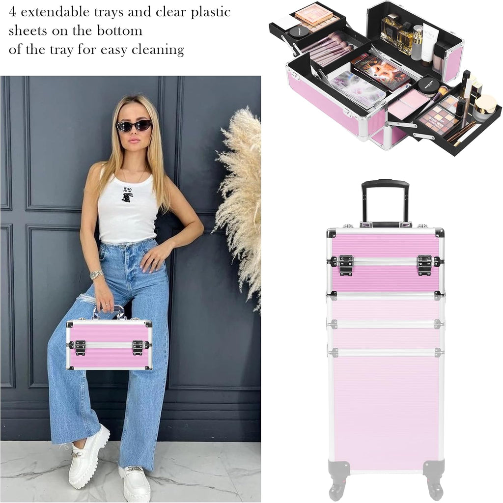 5-in-1 Rolling Makeup Train Case, Large Professional Cosmetic Trolley Organizer on Wheels with 360° Swivel Wheels, Lockable Black Aluminum Travel Case for Makeup Artists, Nail Techs & Hairstylists