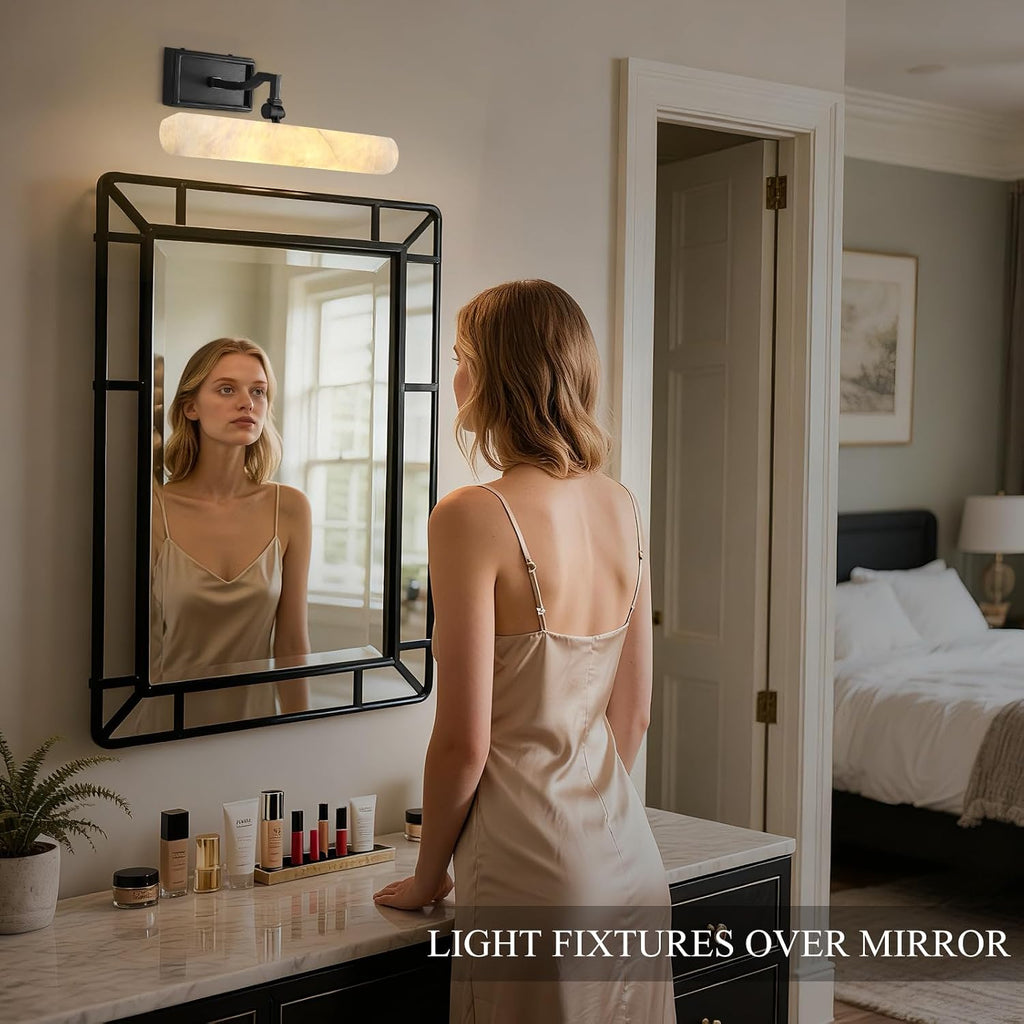 Alabaster Picture Light Hardwired, 12' Matte Black Art Light for Wall & Paintings, Real Spanish Marble Picture Frame Light, Dimmable LED Gallery Lighting, Bathroom Vanity Light Accent for Mirror Use