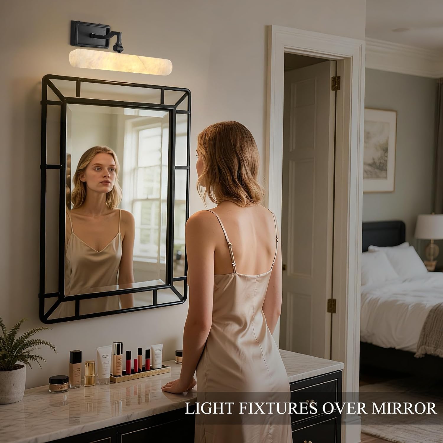 Alabaster Picture Light Hardwired, 12' Matte Black Art Light for Wall & Paintings, Real Spanish Marble Picture Frame Light, Dimmable LED Gallery Lighting, Bathroom Vanity Light Accent for Mirror Use