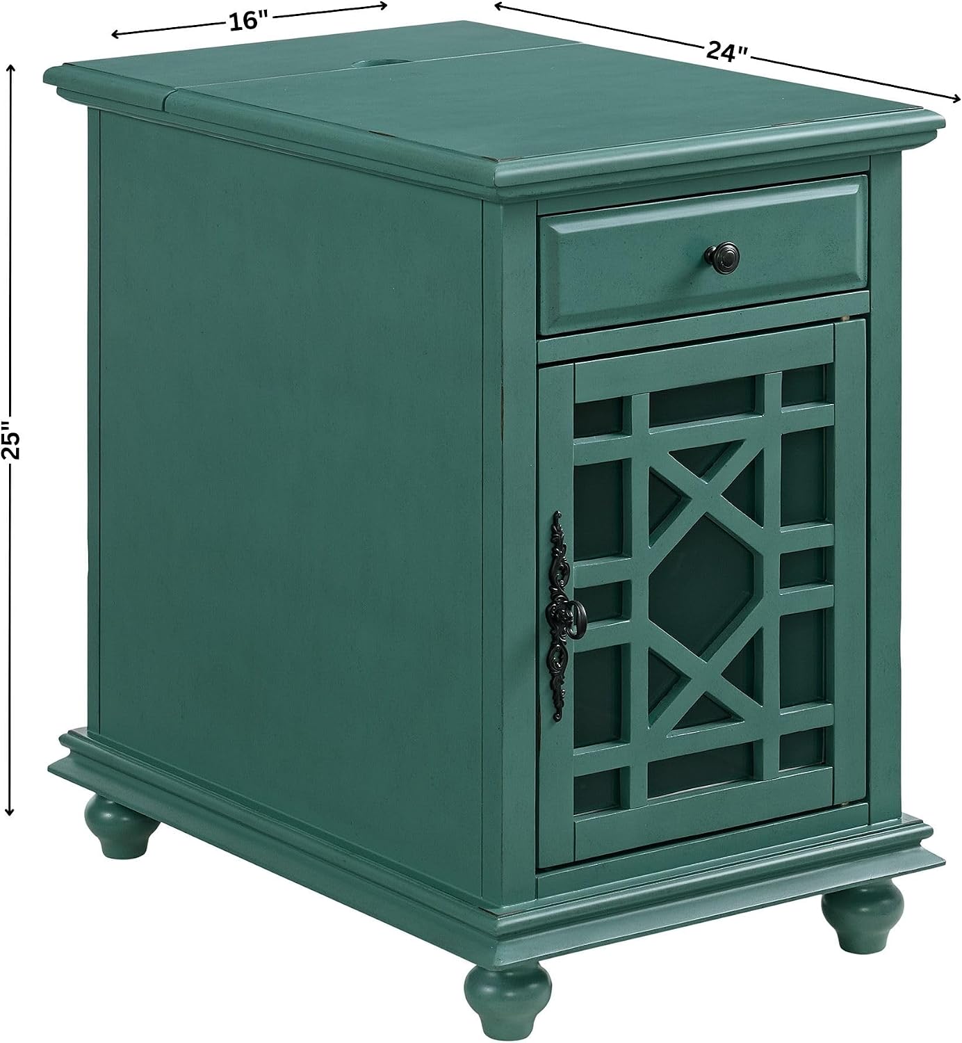 Martin Svensson Home Elegant Chairside End Table with Power — 24″W x 16″D x 25″H, Antique Teal-Green — Transitional Painted Accent Table with Flip-Top USB Charging, Drawer & Cabinet Storage