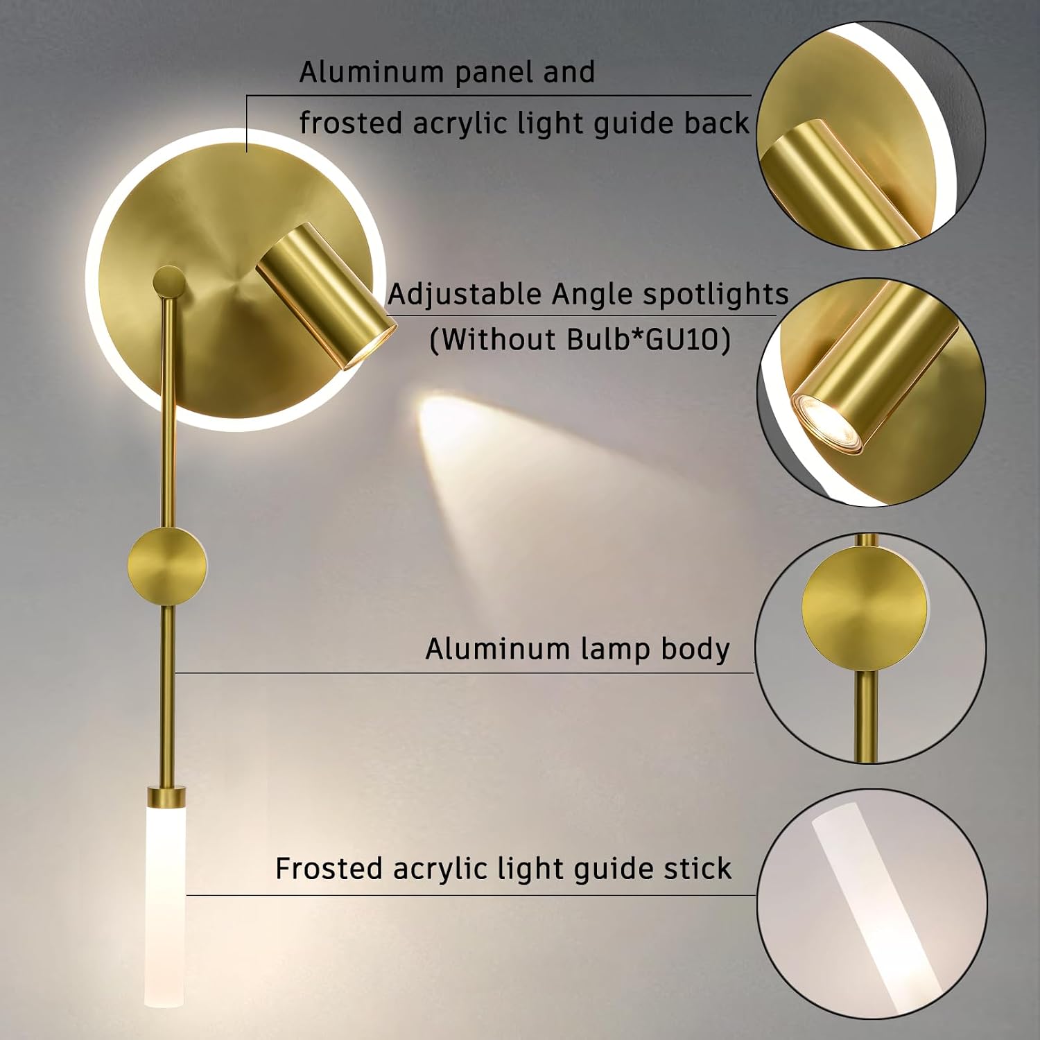 Hyunbae Wall Sconces, 3-Light Sources Gold Wall Lights, 360° Adjustable Spotlight, Dimmable Modern Gold Wall Sconce Vanity Light Fixtures, LED Wall Lighting for Living Room Bedroom Hallway