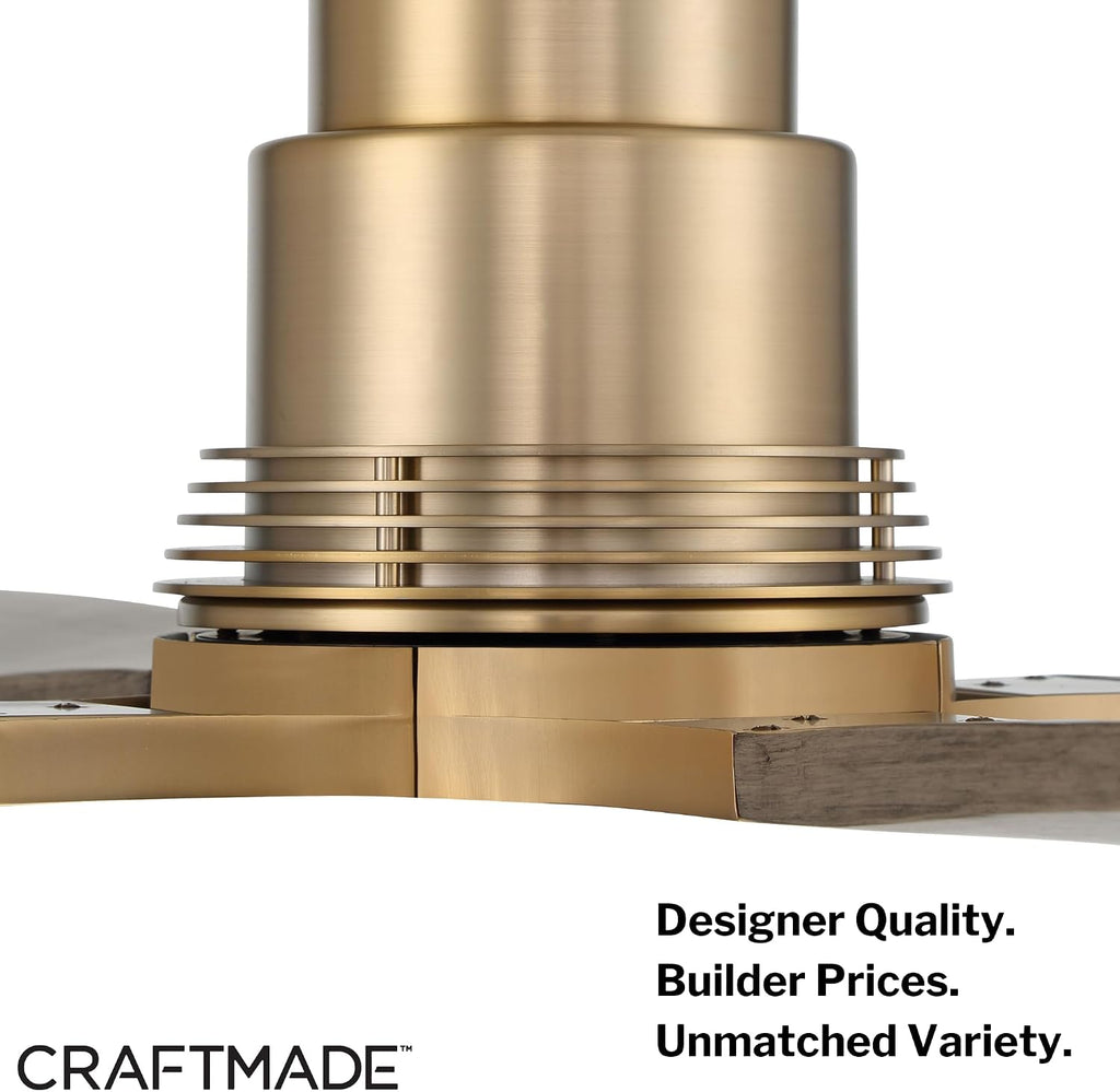Craftmade RIC60SB4 | 60″ Satin Brass Ceiling Fan with Integrated LED Light (1005 Lumens, 3000K) | 4 or 2 - Blade Driftwood Finish | 6-Speed Reversible DC Motor | Dual-Mount Ceiling Fan | Indoor Use