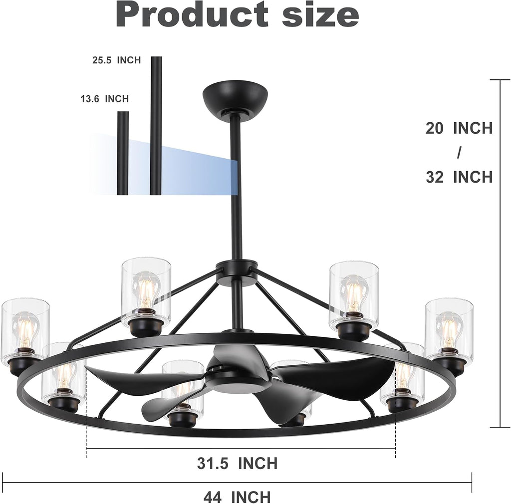 44' Large Ceiling Fans with Lights Wagon Wheel Chandelier, Farmhouse Fandelier Black Fans with Glass Lampshade Light Fixture,App control, 6 Speed, Timing, Adjustable Height for Dining Room Living Room