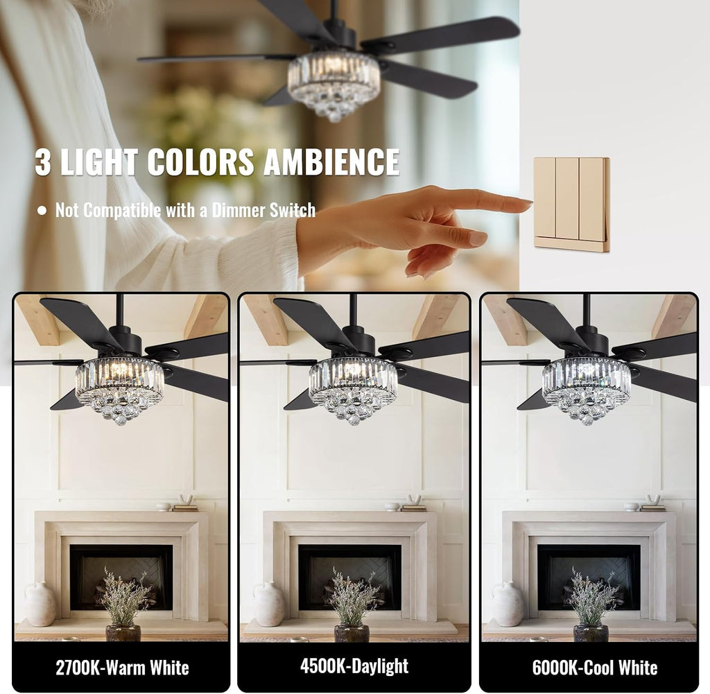 Crystal Fandelier Ceiling Fan with Light,Chandelier Ceiling Fan with Remote and APP Control,Quiet Light for Bedroom, 3 Color Temperature, 52 Inch vintage ceiling fan With 6 Speeds