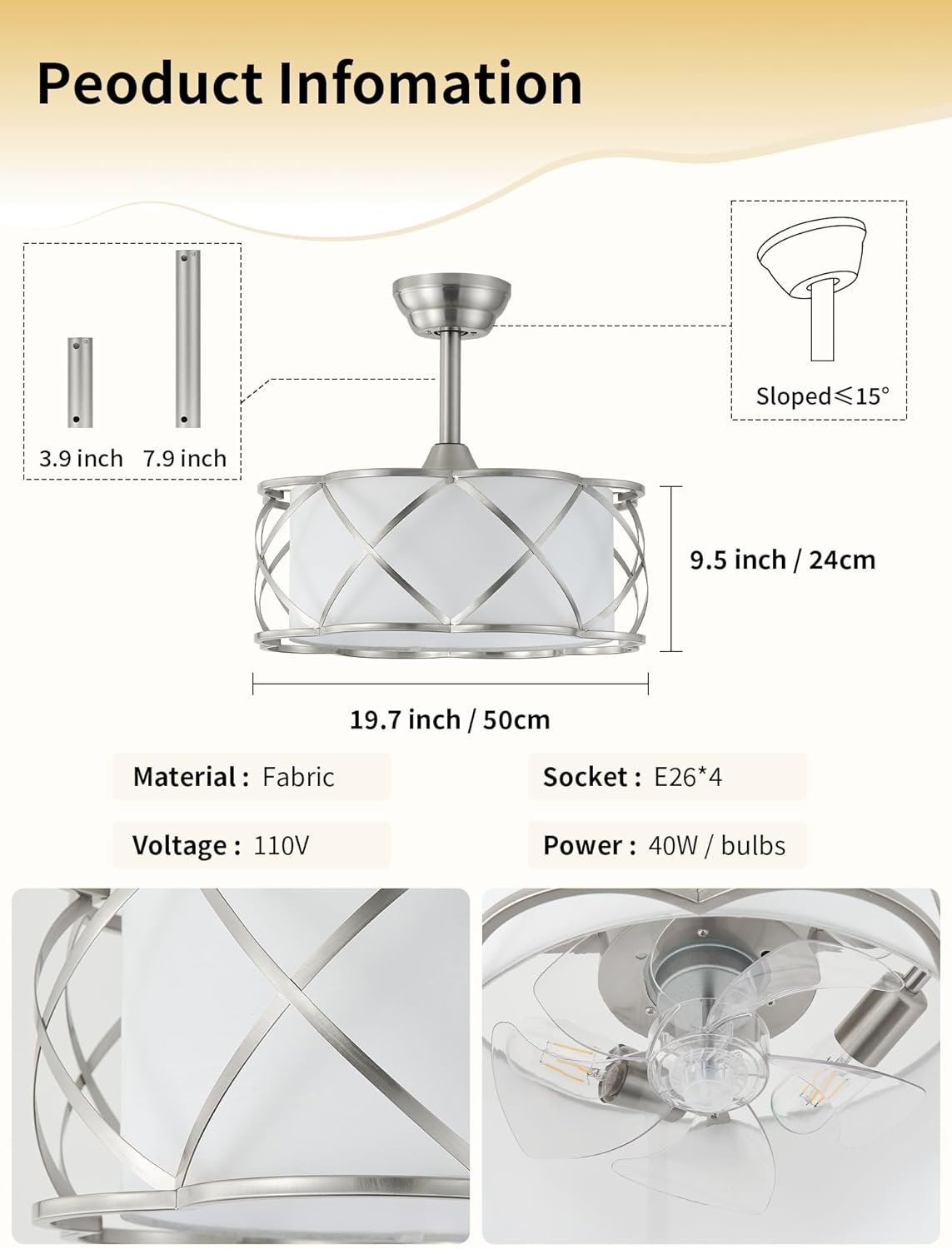 20' Fandelier Ceiling Fans with Lights, Caged Bladeless Ceiling Fan with Light Remote Control, Mid-Century Modern with 6 Speeds for Bedroom, Nursery, Living Room, Silver