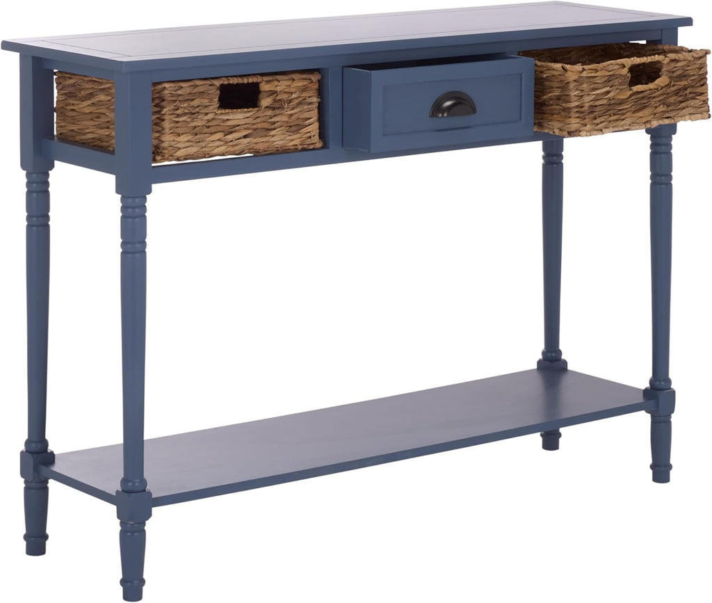 SAFAVIEH Home Collection - Christa Entryway Console Table, Blue Solid Wood 3-Drawer Storage Sofa Table with Rattan Baskets (AMH5737H)