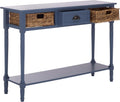 SAFAVIEH Home Collection - Christa Entryway Console Table, Blue Solid Wood 3-Drawer Storage Sofa Table with Rattan Baskets (AMH5737H)
