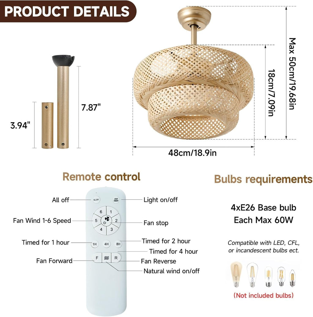 Fandelier Ceiling Fan with Light - 18.9' Boho Rattan Caged Ceiling Fan, Remote Controlled Wicker Chandelier Fan Light Fixture for Bedroom, Kitchen, Living Room, Nursery, E26 Base