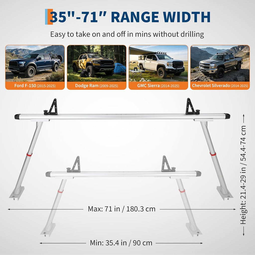 Adjustable Aluminum Truck Ladder Rack 35.4–71 in, 800 LB Heavy-Duty Pickup Bed Cargo System with Drilling Mount for Kayak, Surfboard, Lumber & Work Equipment - Silver