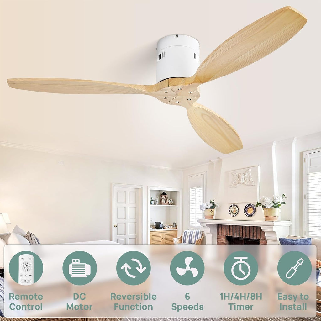 Sofucor 52'' Low Profile Ceiling Fan Remote Control without Lights,Wood Flush Mount White Ceiling Fans no light, Modern Ceiling Fan Reversible DC for Bedroom,Farmhouse,Living Dining Room,Kitchen