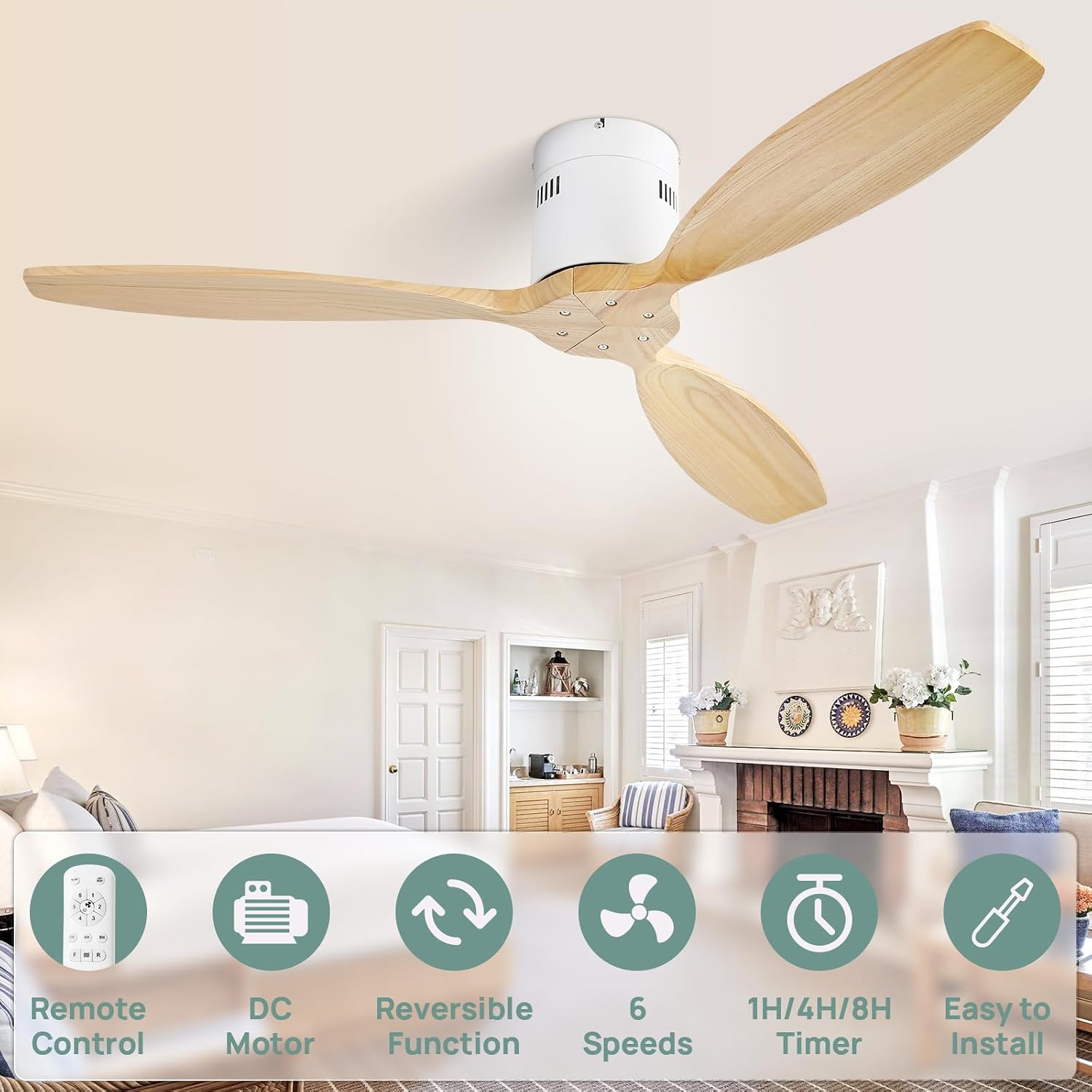 Sofucor 52'' Low Profile Ceiling Fan Remote Control without Lights,Wood Flush Mount White Ceiling Fans no light, Modern Ceiling Fan Reversible DC for Bedroom,Farmhouse,Living Dining Room,Kitchen
