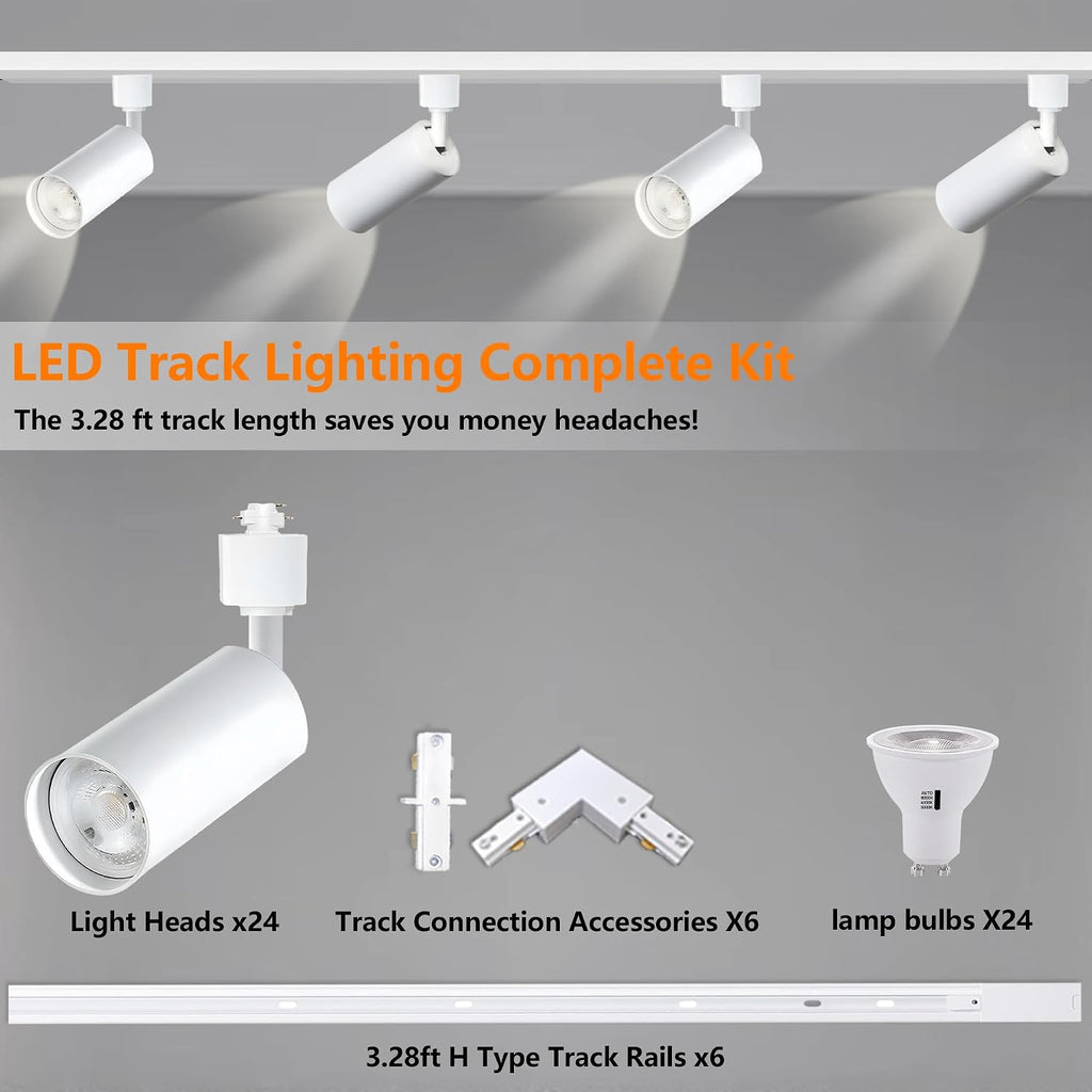 GU10 Track Lighting Fixtures, White Plug in 3CCT Complete Kit with 6 * 3.28FT H Track Rails and 24 Track Light Heads, 120V Brightness Dimmable Ceiling Spotlight Fixture for Accent Lighting