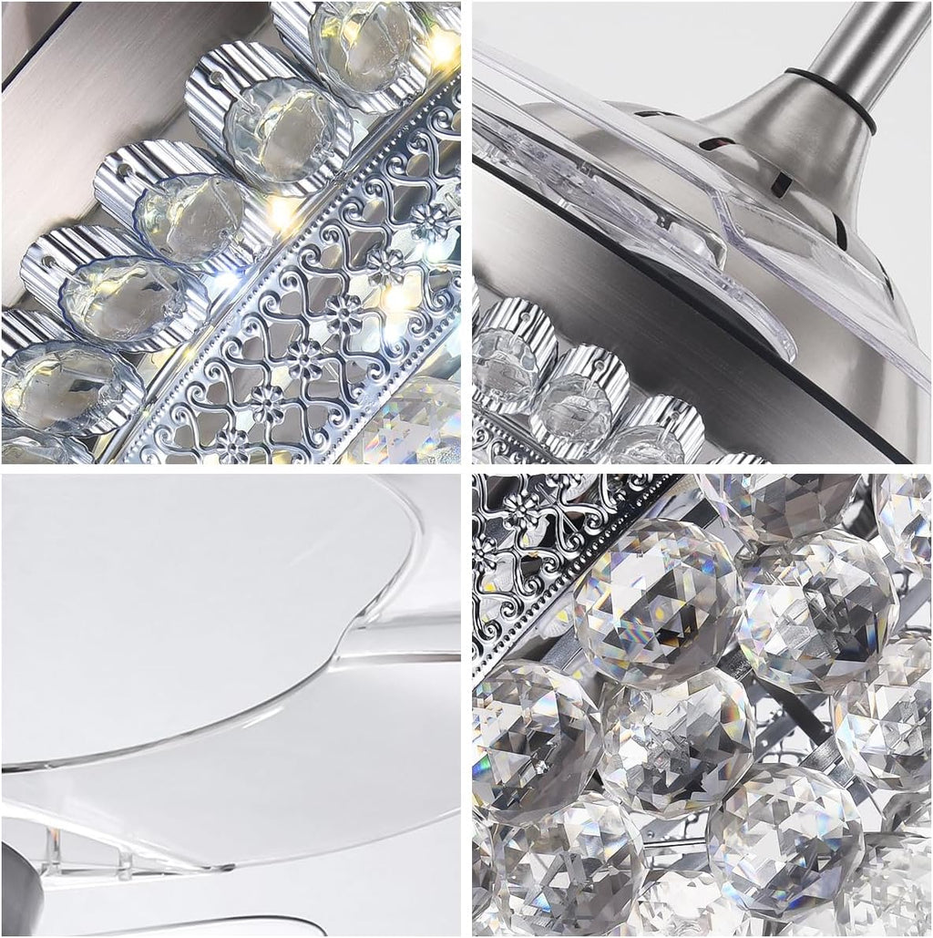 BIGBANBAN 42' Crystal Ceiling Fan with Light Remote Control, Silver Retractable Chandelier Fan 3 Colors LED Light 3 Speeds Modern Fandelier Chandelier for Living Room Bedroom