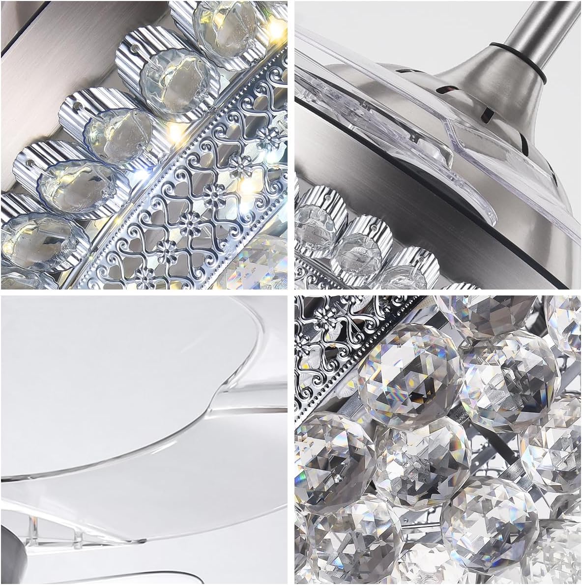 BIGBANBAN 42' Crystal Ceiling Fan with Light Remote Control, Silver Retractable Chandelier Fan 3 Colors LED Light 3 Speeds Modern Fandelier Chandelier for Living Room Bedroom