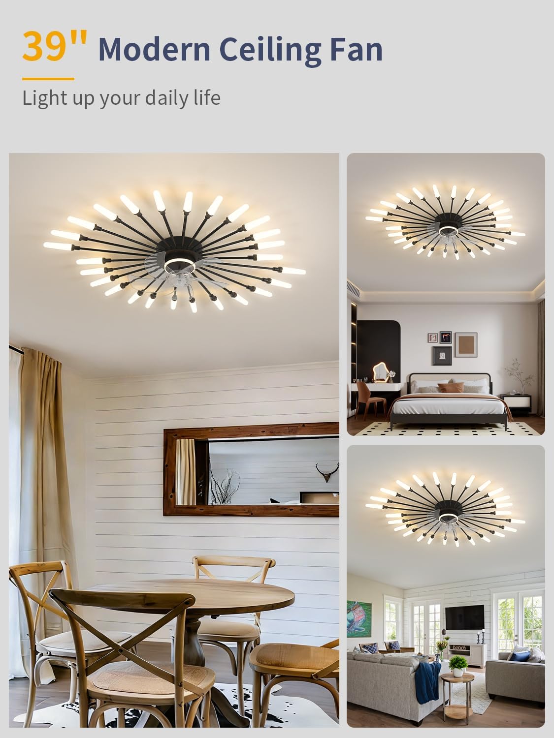 39' Modern Ceiling Fan with Lights and Remote, Low Profile Ceiling Fans with Tri-Color Light 6-Speed Wind, Flush Mount Ceiling Fan with Led Light for Living Room Bedroom Dining Room，Black
