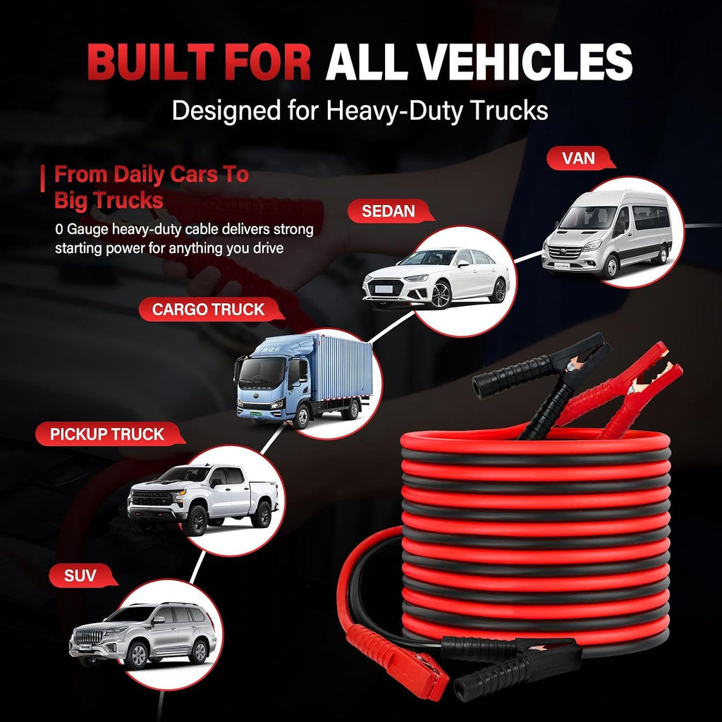 0 Gauge 16FT Jumper Cables for Heavy Duty Trucks & Cars, 1000A Booster Cables with Copper-Clad Aluminum Wire, Heavy-Duty Clamps, Flexible PVC, for 12V & 24V Gas or Diesel Vehicles
