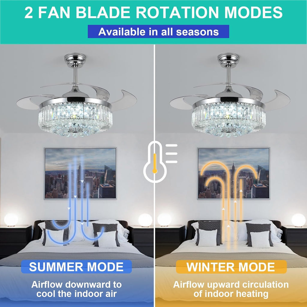48' Fandelier Ceiling Fan with Light,Silver Retractable Ceiling Fans with Remote Control,RGB Chandelier Ceiling Fan with 6-Speed Reversible Blades,APP Control