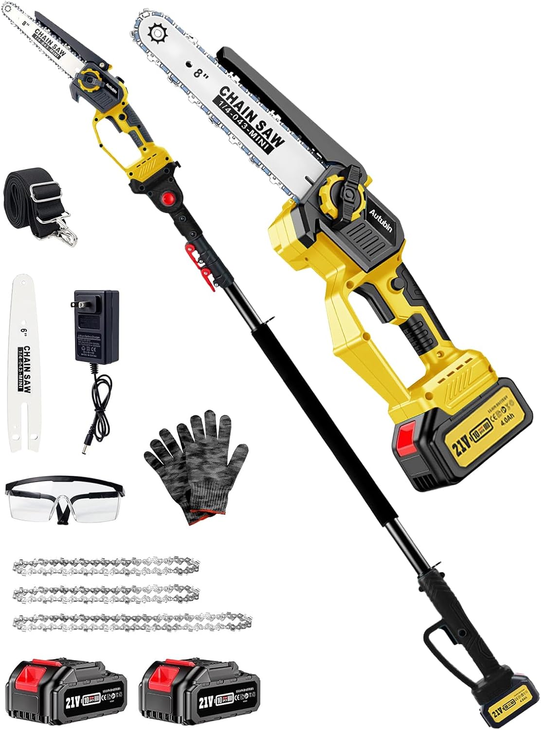 8 & 6 Inch Electric Pole Saw, Brushless 2-in-1 Mini Chainsaw and Pole Saw for Tree Trimming, 2x4000mAh Battery Powered, 16 ft Reach, Auto Oiling, Tool-Free Tensioning, Fathers Day Yard Gift