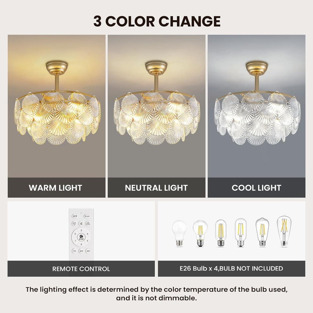 NOXARTE 22 Inch Crystal Ceiling Fan with Light, Multi-Tier Shell Cloud Glass Metal Caged Ceiling Fan Remote Control Modern Gold Fandelier Reverse Motor 6 Speeds Chandelier Fan for Living Room Bedroom