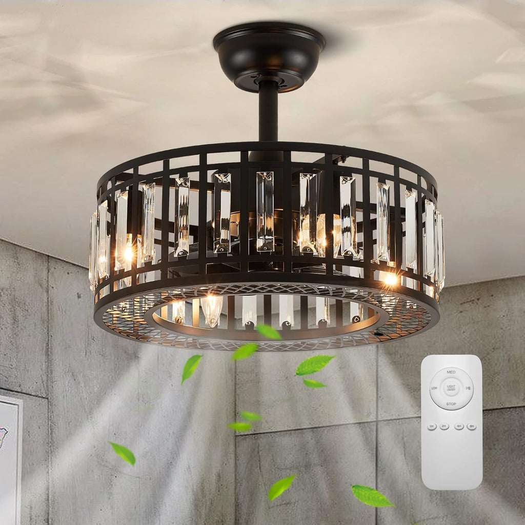 18' Black Crystal Caged Ceiling Fan with Light and Remote, Industrial Caged Chandelier Fan 8-Blade Fandelier Modern Enclosed Ceiling Fan for Kitchen Dining Room Living Room