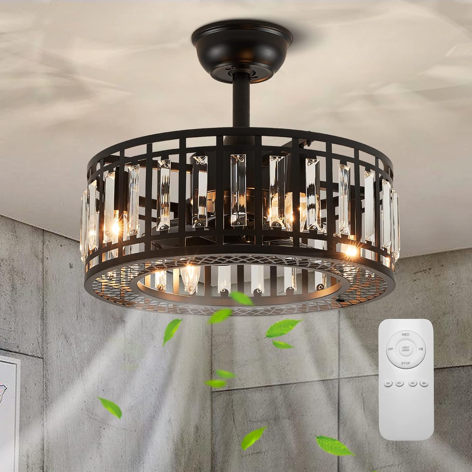 18' Black Crystal Caged Ceiling Fan with Light and Remote, Industrial Caged Chandelier Fan 8-Blade Fandelier Modern Enclosed Ceiling Fan for Kitchen Dining Room Living Room