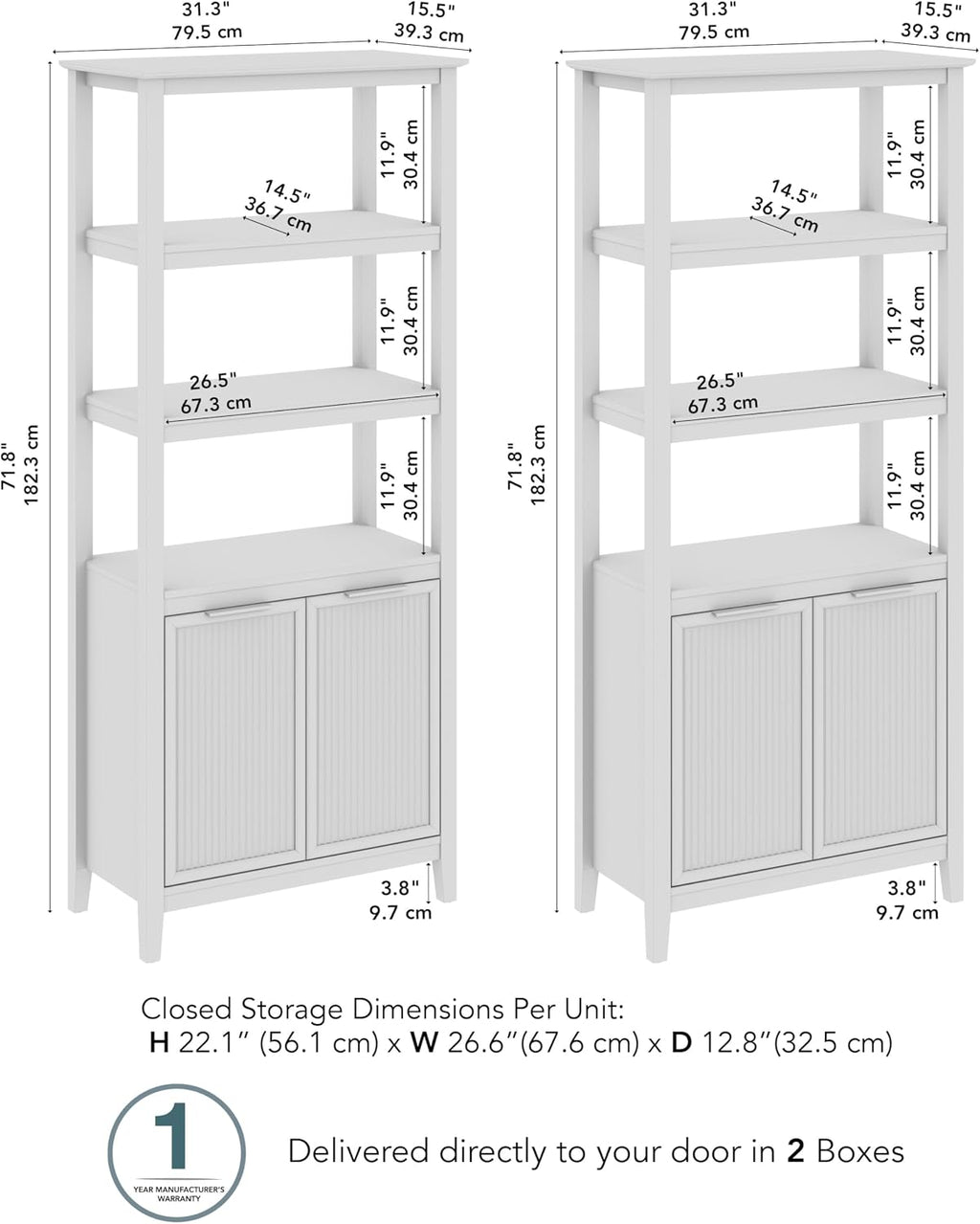 Bush Home Fluted 5 Shelf Bookcase with Doors - Set of 2, Living Room Furniture, Camille Collection, Onyx Birch Black