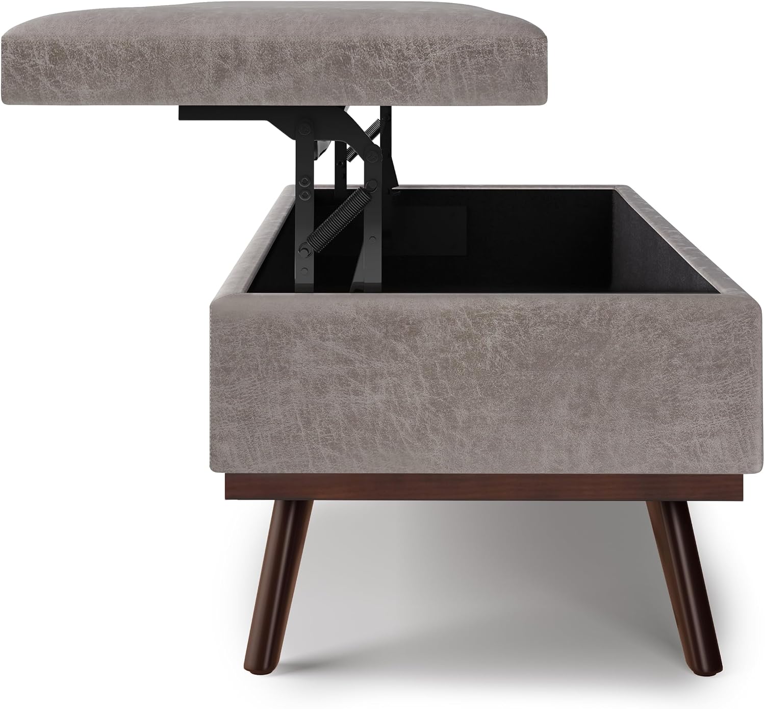 SIMPLIHOME Owen Lift Top Coffee Table Storage Ottoman - 42 inch Wide Upholstered Vegan Leather Rectangular Lift-Top Ottoman in Distressed Grey Taupe, Mid-Century Modern Ottoman for Living Room