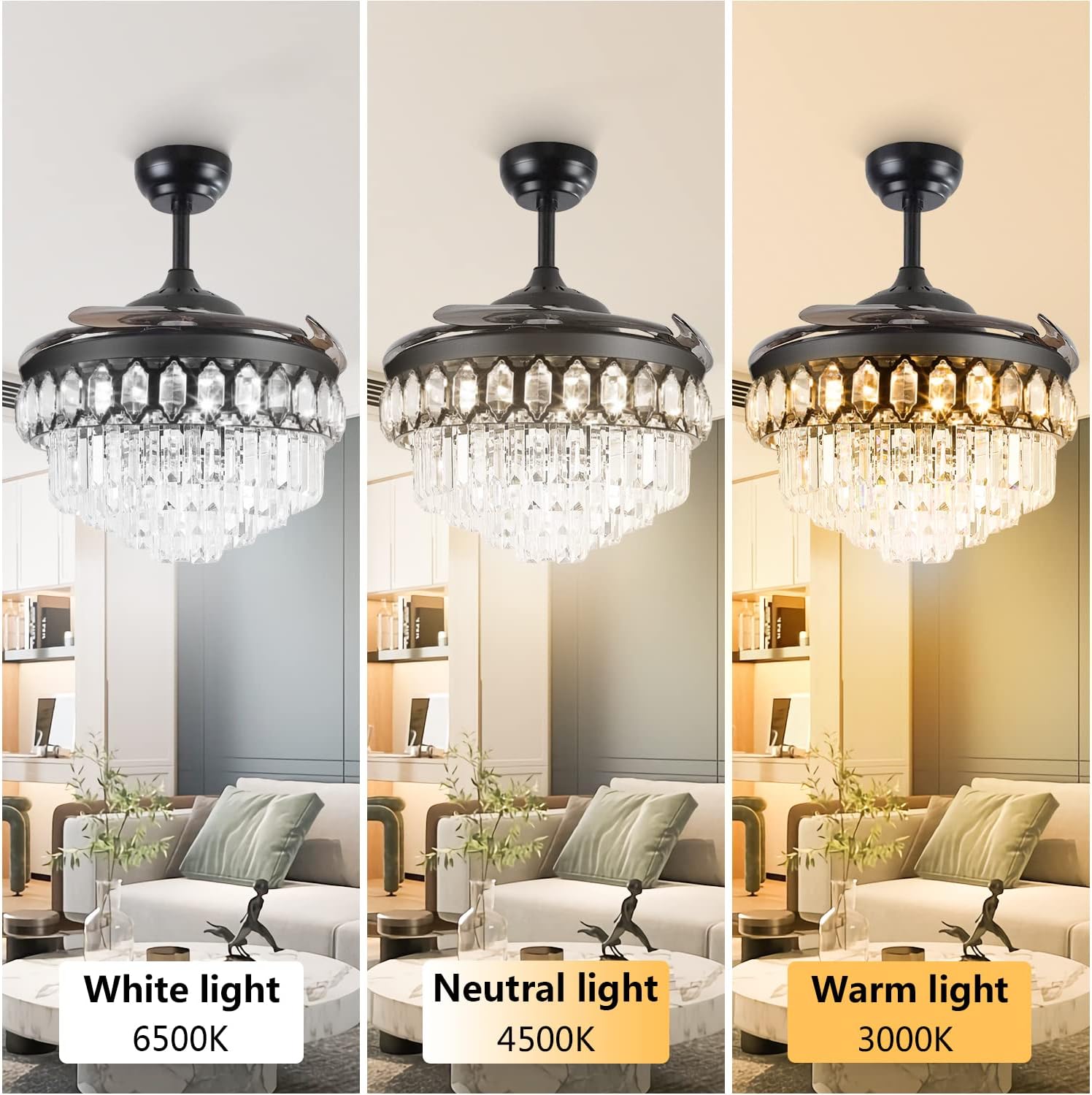 RuiWing 42' Crystal Ceiling Fans with Lights Retractable Blades LED Chandelier Remote Control 3 Different Lighting Mode Dimmable Fandelier for Bedroom Living Room