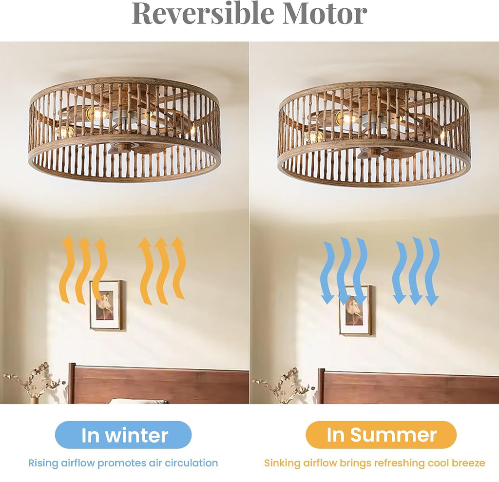 Rustic Looking Caged Ceiling Fan with Lights and Remote, 20 Inch Low Profile Flush Mount Fandelier, Bladeless/Quiet Motor Boho Fan Light for Bedroom, Dining Room, Kitchens, Living Room, Office