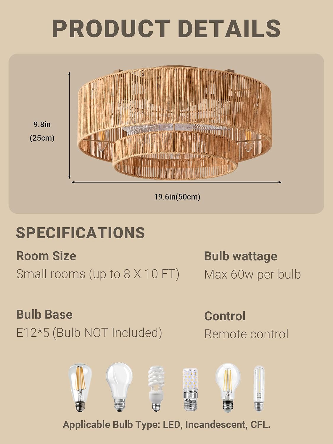 Boho Caged Ceiling Fan with Light, 20' Rattan Flush Mount Ceiling Fans with Lights Remote Contro, Bladeless Enclosed Fandelier Fan Safe for Bedroom, Living room, Nursery