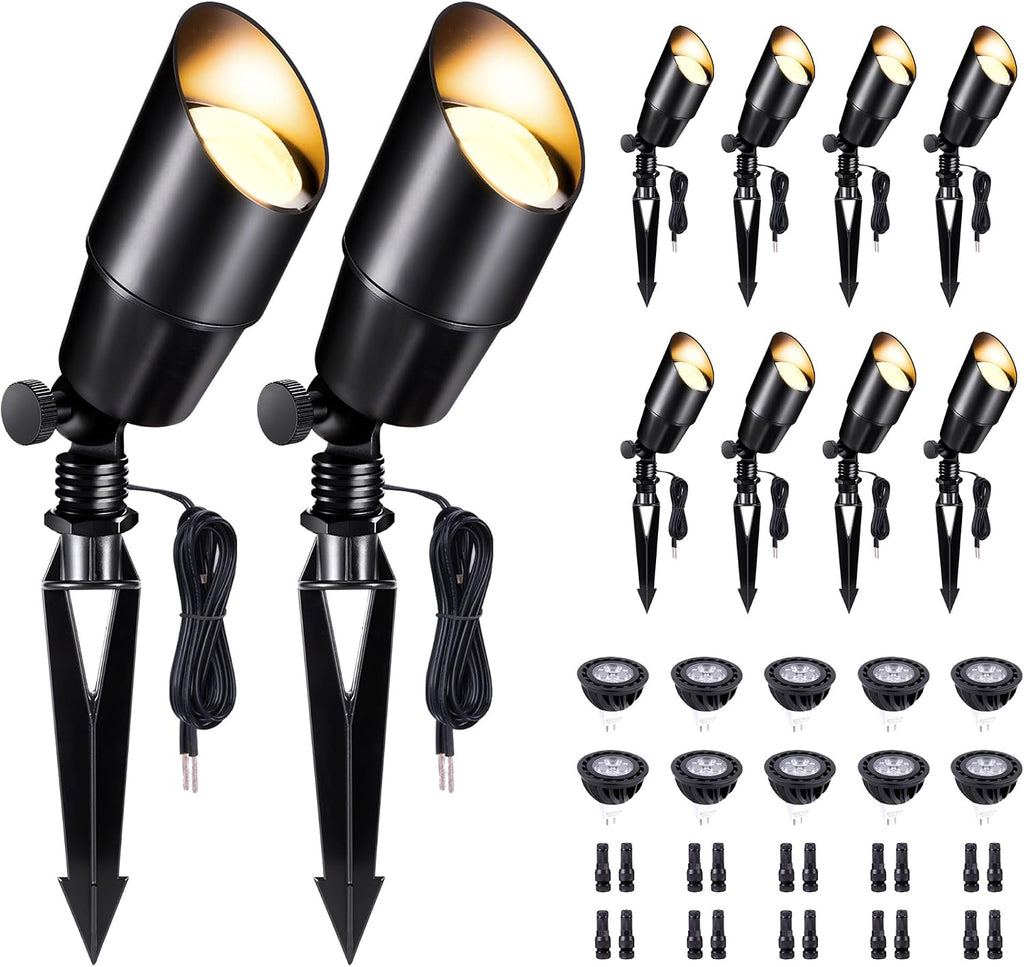 Low Voltage Spotlight, Black Outdoor LED Landscape Light, 12V Waterproof Aluminum Uplight for House Tree Yard with 5W MR16 Bulb 4000K 10 Pack